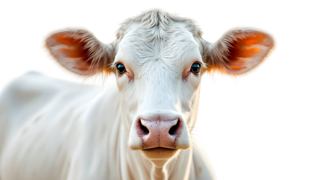 A white cow with large ears stands out against a transparent background, symbolizing sacrifice for Eid al-Adha