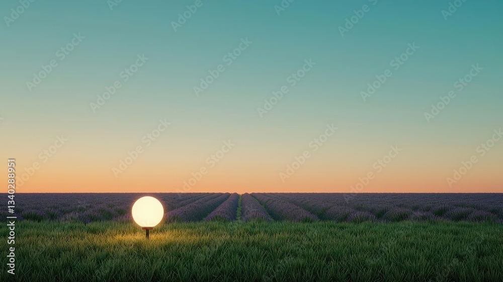 Poster macro flowers landscapes concept. a serene landscape with a glowing orb in a vast field under a colo