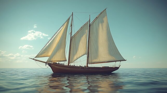 Classic schooner sailing on calm ocean.