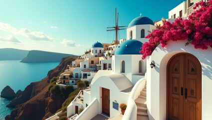 Fototapeta premium village with white buildings, blue domes, and vibrant bougainvillea, generate AI