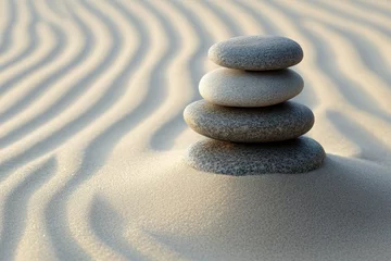 A minimalist design with stacked zen stones on a clean sand background, symbolizing the connection between mind, body, and nature.