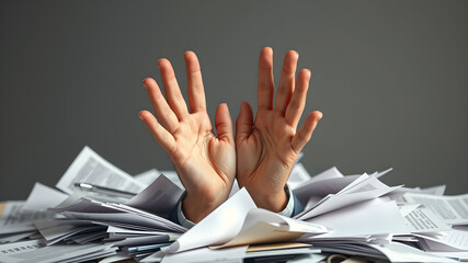 Overwhelmed hands emerge from a sea of paperwork, symbolizing the burden of bureaucracy and the struggle against administrative chaos.