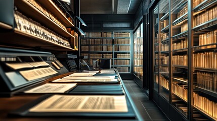 A resource room filled with digital archives of historical documents, old newspapers, and a high-tech reading system for modern research