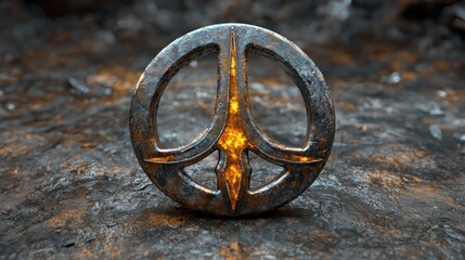 Fiery Peace Symbol: A Glowing Metal Emblem of Tranquility