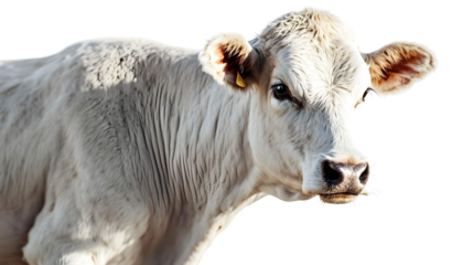A cow's face in close-up on a transparent background, illustrating the theme of sacrifice associated with Eid al-Adha