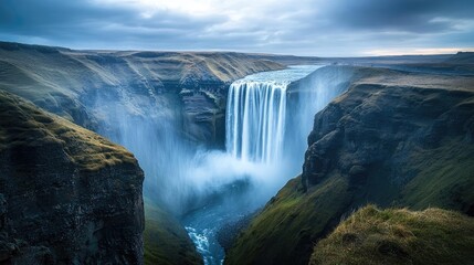 Fototapeta premium Waterfall landscapes idea. Majestic waterfall cascading down rocky cliffs in a serene natural landscape.