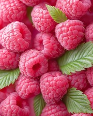 A close-up view of fresh, vibrant raspberries with green leaves, showcasing their rich color and texture, perfect for culinary, health, or gardening projects.