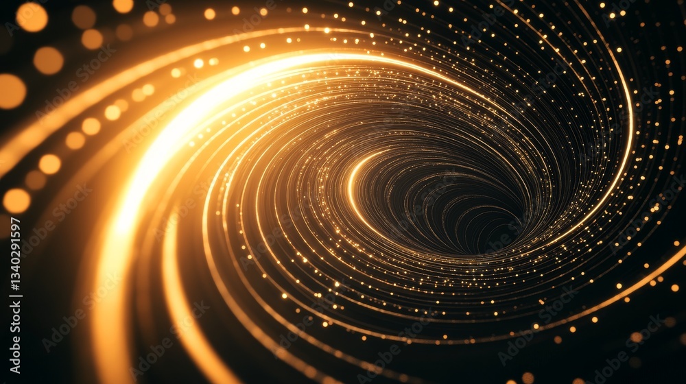 Poster golden swirling vortex with glowing particles in motion. futuristic energy concept