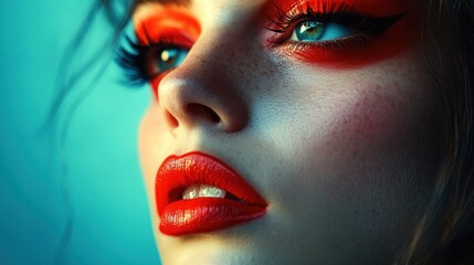 Close-up portrait of a woman with vibrant makeup, looking upward against a teal background