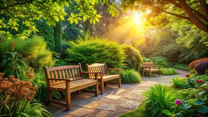 Obraz premium Serene Garden Bench: Wooden Seating, Lush Greenery, Relaxing Outdoor Space, Peaceful Garden Design, Natural Landscape Photography