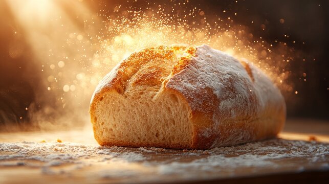 Freshly baked bread in warm sunlight with flour dust, baking delight concept
