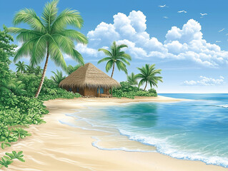 Obraz premium Beach holiday drawing, seaside vacation art, travel image. Image for a tourist poster, cover, or web design.