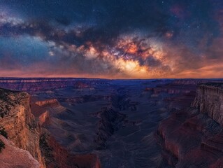 Fototapeta premium A vast canyon under a starry night sky, with the Milky Way stretching across the horizon, casting a serene glow over the rocky landscape below