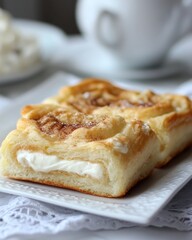 Delicious Cream Cheese Danish Pastry with Cinnamon Sprinkle a Sweet Treat on White Plate Close Up