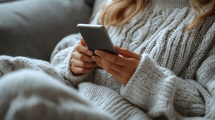 Woman relaxing on sofa using smartphone.