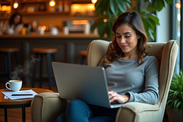 A Cozy Home Office with a Freelancer Enjoying Coffee While Working on a Laptop, Bathed in Warm Natural Light. AI-generated