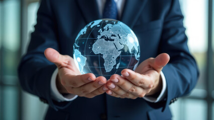 Businessman in suit holding a glowing digital globe with a world map, symbolizing global business, international connections, and globalization. Concept of global economy, digital transformation