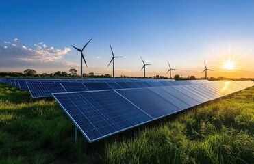 Solar Panels and Wind Turbines Under a Sunset Sky: Showcasing Renewable Power for Sustainable Business and Environmental Care