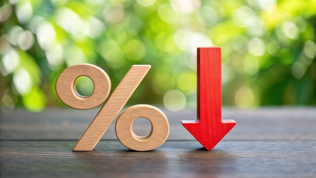 Economic risk driven by interest rates and debt crisis concept. Discount percentage symbol with a downward arrow on a wooden surface, surrounded by a blurred green background.
