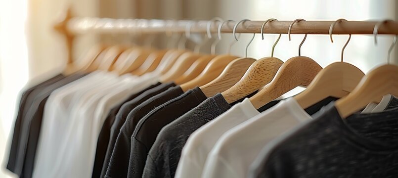 Stylish black and white t shirts elegantly displayed on a hanger for fashion enthusiasts