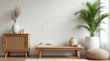 Minimalist Living Room with Potted Plant Wooden Furniture Brick Wall