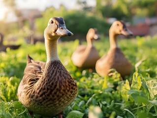 Free-range ducks roaming in a lush green farm