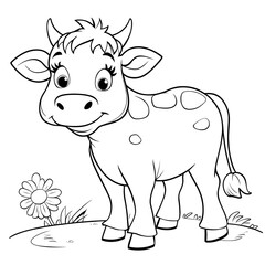 Fototapeta premium coloring book page of a cute cow illustration, coloring fun in a lively farm scene. 