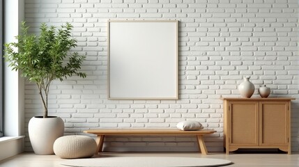 Fototapeta premium Minimalist Living Room with Potted Plant Wooden Furniture Brick Wall