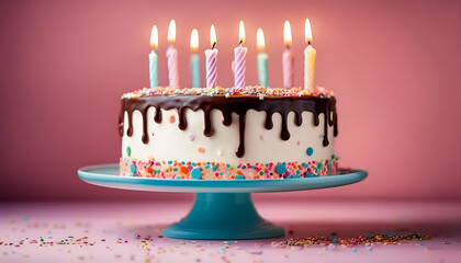 Chocolate Drip Birthday Cake with Candles and Colorful Sprinkles