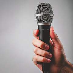 Man's hand holding microphone. On colored background. Macro photography concept for cover and advertising design.