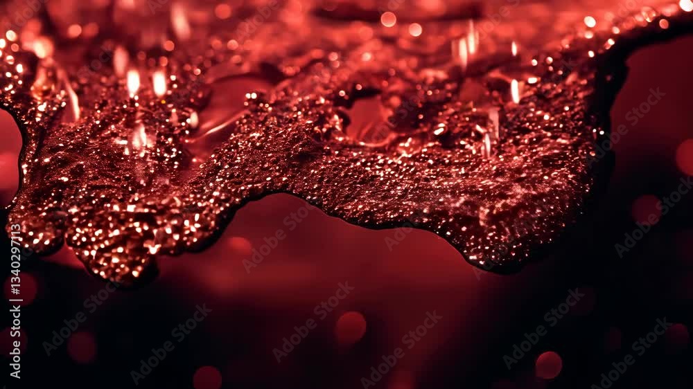Aufkleber Dynamic drops of red glitter in black oil or ink diffusing through liquid, creating an abstract aquatic swirls