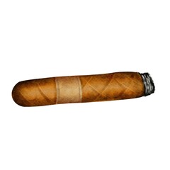 Realistic watercolor illustration of a smoking cigar with ash. A tobacco product, symbol of luxury and relaxation, isolated on a white background