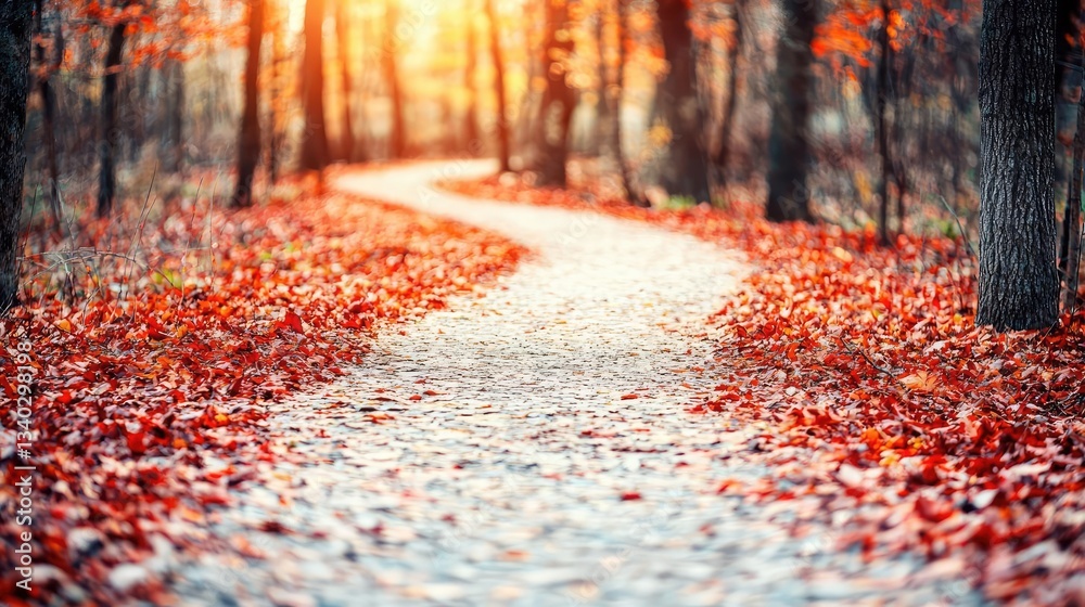 Poster macro flowers landscapes concept. a winding path through a vibrant autumn forest filled with colorfu