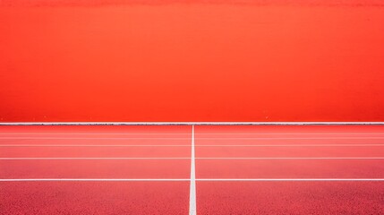A vibrant red wall contrasts with a red running track, defined by white lines, creating a bold and minimalistic athletic scene.