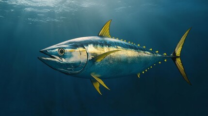 Fototapeta premium Yellowfin tuna swimming in deep blue ocean water, sunlight filtering through. Marine life.
