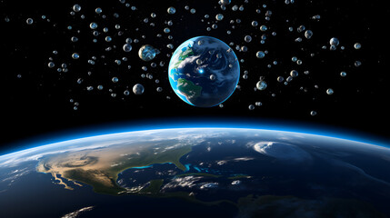 Planet with bubbles floating in the air creating a unique and enigmatic cosmic landscape in an interstellar environment.