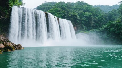 Fototapeta premium Waterfall landscapes idea. A tranquil waterfall surrounded by lush greenery and serene waters creates a peaceful scene.