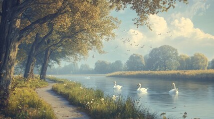 Obraz premium Tranquil river scenery with graceful swans gliding by a tree lined path