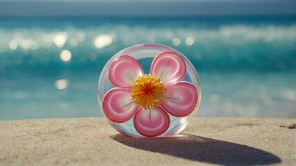 Fototapeta premium Pink flower in glass sphere on beach