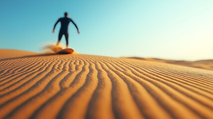 A silhouette of a person sandboarding on rippled desert dunes under a clear blue sky, capturing the thrill of adventure in a vast landscape.