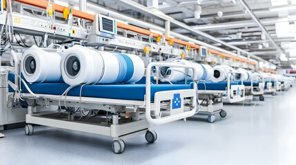 Row of modern hospital beds with medical equipment, showcasing advanced healthcare technology and intensive care units.