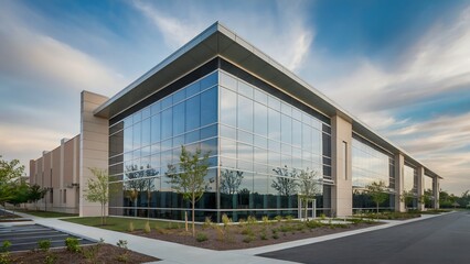 Obraz premium A modern commercial office building with sleek glass architecture, reflecting the sky and surrounding greenery.