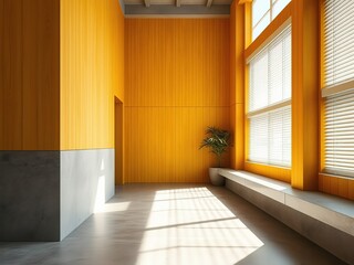 Obraz premium Vibrant Yellow Wood & Concrete with Blinds - AI Photo