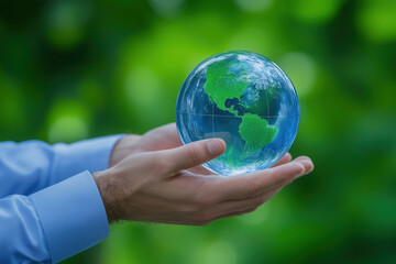person holding transparent globe representing Earth, symbolizing environmental care and sustainability