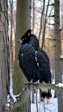 Black owl turning its head on a branch in a snowy forest
