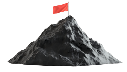 Mountain Peak with Red Flag Against Trasparent Background, Achievement Concept