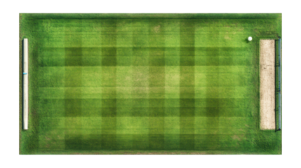 A top-down view of a perfectly rolled cricket pitch on a transparent background