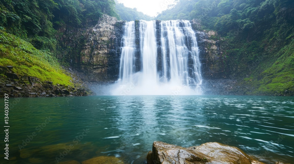 Poster waterfall landscapes idea. a tranquil waterfall cascading into a serene pool surrounded by lush gree