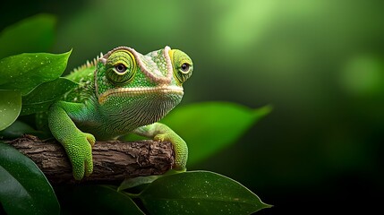 Veiled chameleon slowly and cautiously moving across a thin slender branch its distinctive eyes rotating independently in two separate directions