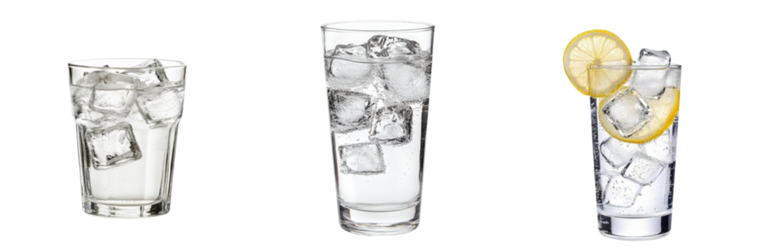 Glasses with Ice Cubes and Lemon Slice on Transparent Background